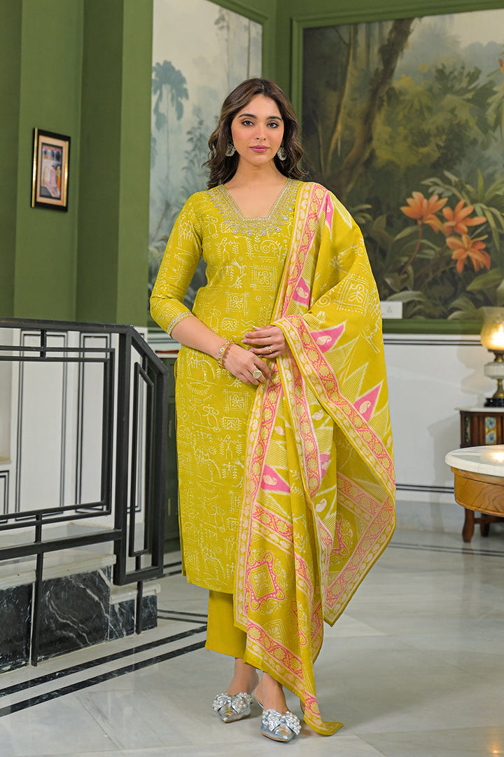 Yellow Viscose Ethnic Motifs Printed Straight Kurta Trousers With Dupatta | SHOBITAM