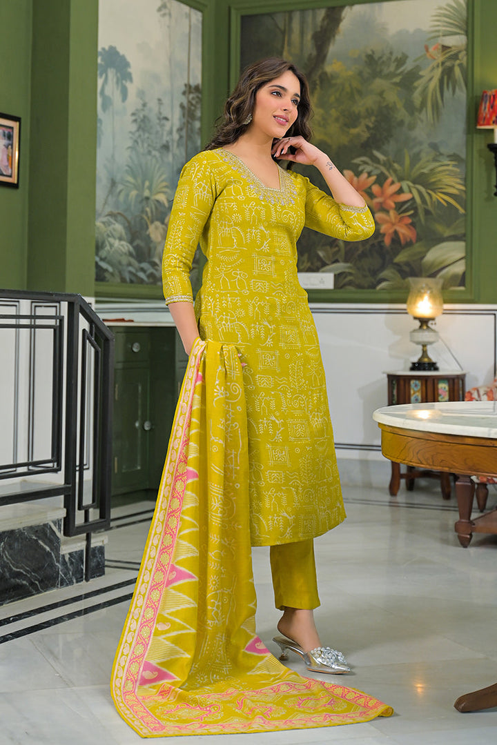 Yellow Viscose Ethnic Motifs Printed Straight Kurta Trousers With Dupatta | SHOBITAM