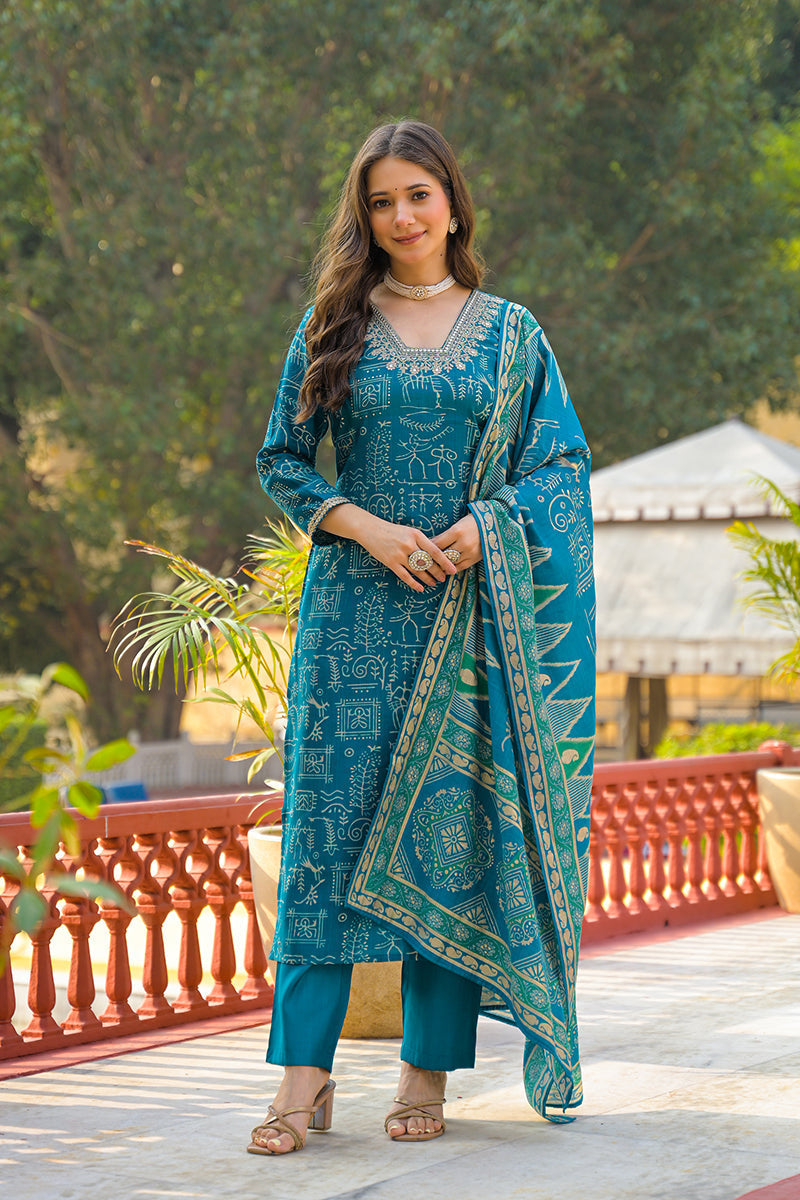 Blue Viscose Ethnic Motifs Printed Straight Kurta Trousers With Dupatta | SHOBITAM
