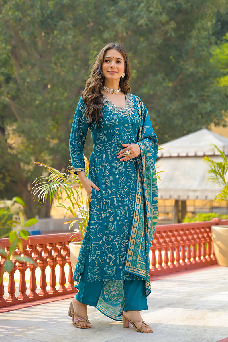 Blue Viscose Ethnic Motifs Printed Straight Kurta Trousers With Dupatta | SHOBITAM