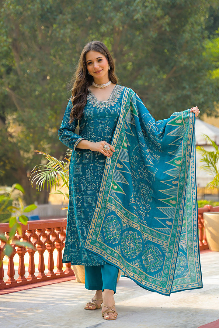 Blue Viscose Ethnic Motifs Printed Straight Kurta Trousers With Dupatta | SHOBITAM