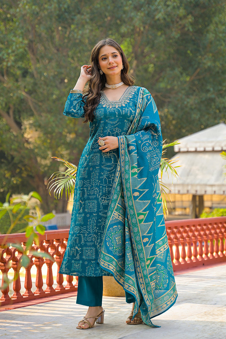 Blue Viscose Ethnic Motifs Printed Straight Kurta Trousers With Dupatta | SHOBITAM