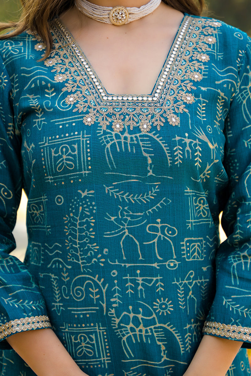 Blue Viscose Ethnic Motifs Printed Straight Kurta Trousers With Dupatta | SHOBITAM