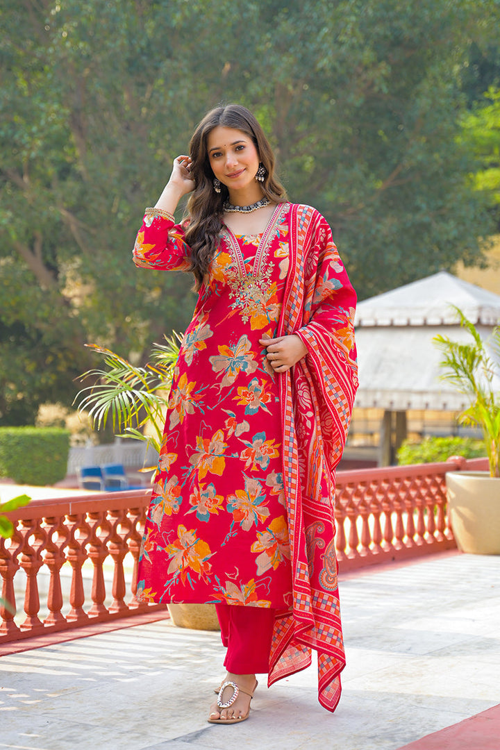 Red Viscose Floral Printed Straight Kurta Trousers With Dupatta | SHOBITAM