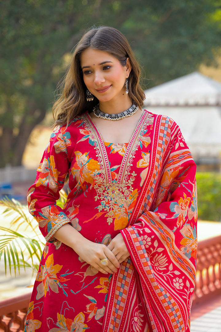 Red Viscose Floral Printed Straight Kurta Trousers With Dupatta | SHOBITAM