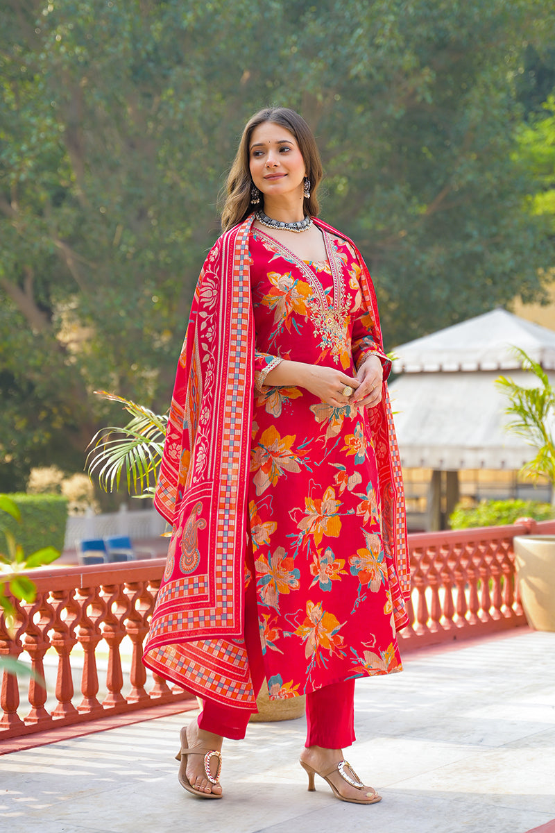 Red Viscose Floral Printed Straight Kurta Trousers With Dupatta | SHOBITAM