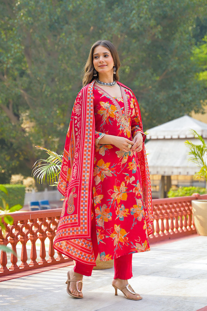 Red Viscose Floral Printed Straight Kurta Trousers With Dupatta | SHOBITAM