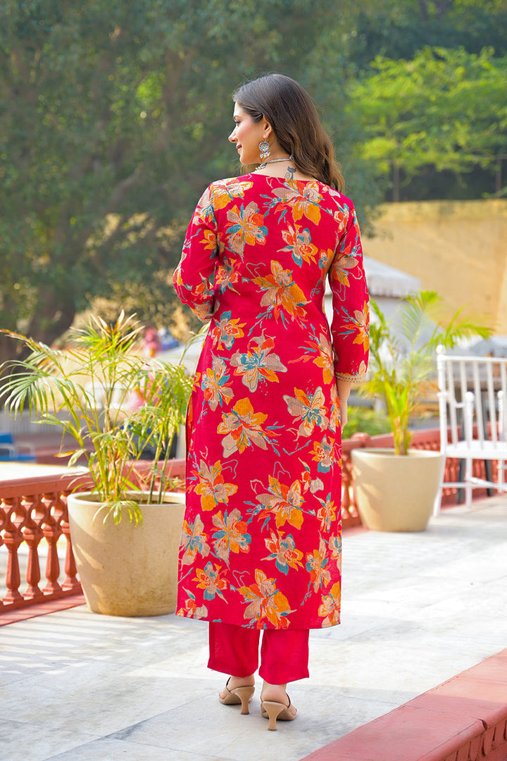 Red Viscose Floral Printed Straight Kurta Trousers With Dupatta | SHOBITAM