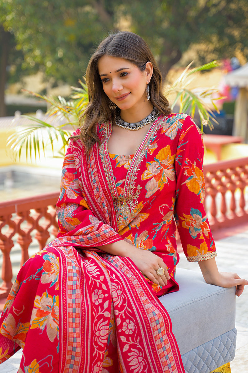 Red Viscose Floral Printed Straight Kurta Trousers With Dupatta | SHOBITAM