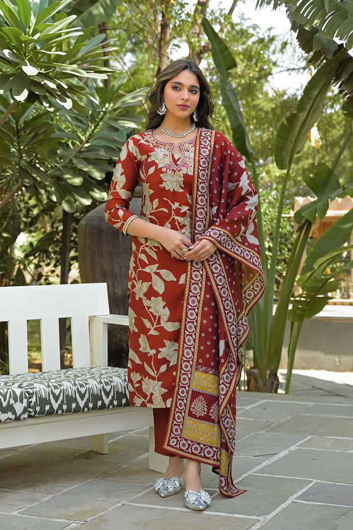 Brown Viscose Rayon Embroidered Straight Kurta Trousers With Dupatta | SHOBITAM