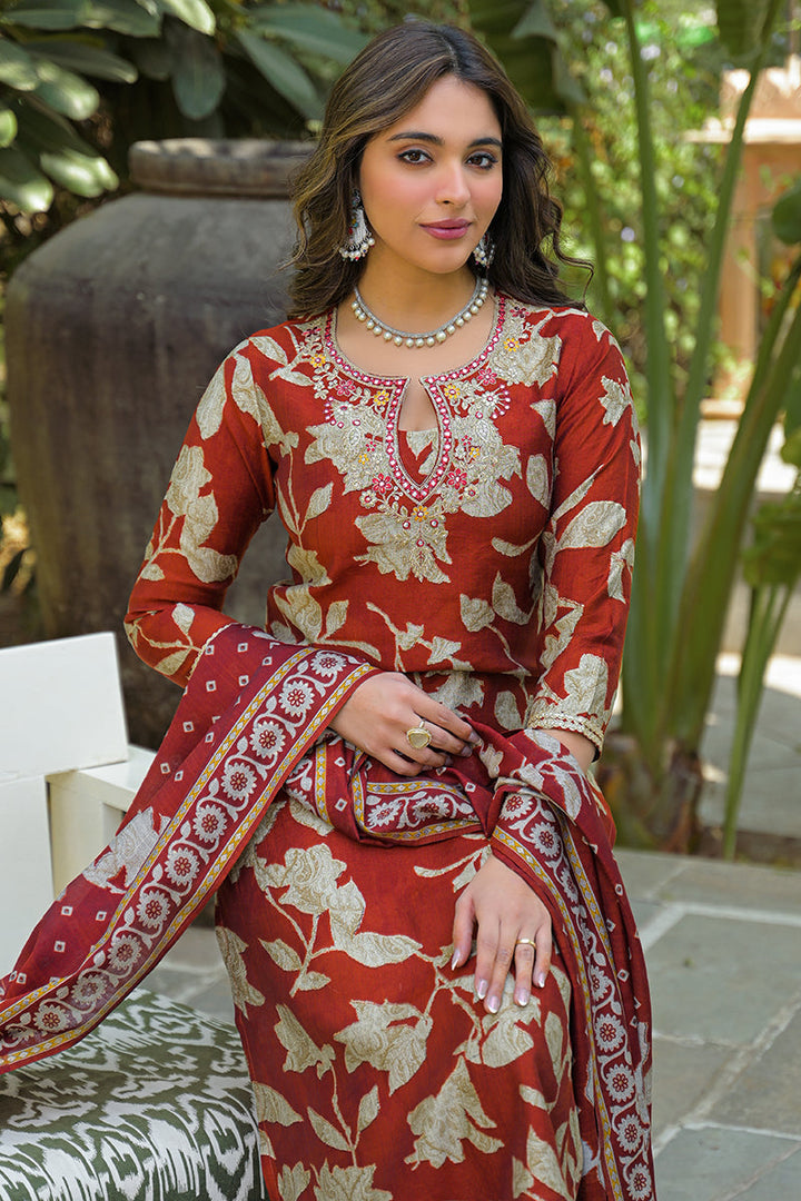 Brown Viscose Rayon Embroidered Straight Kurta Trousers With Dupatta | SHOBITAM