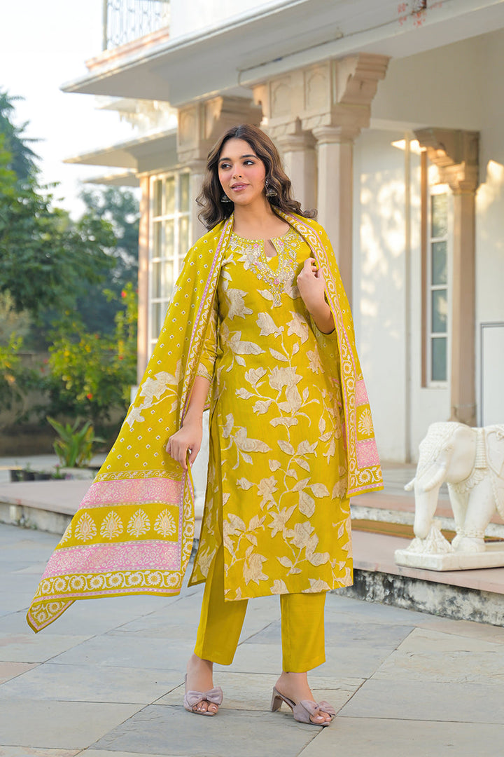 Yellow Viscose Rayon Floral Printed Straight Kurta Trousers With Dupatta | SHOBITAM