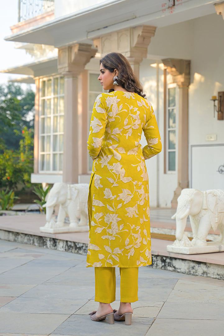 Yellow Viscose Rayon Floral Printed Straight Kurta Trousers With Dupatta | SHOBITAM