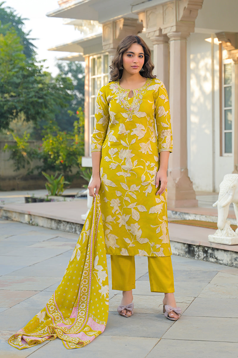 Yellow Viscose Rayon Floral Printed Straight Kurta Trousers With Dupatta | SHOBITAM