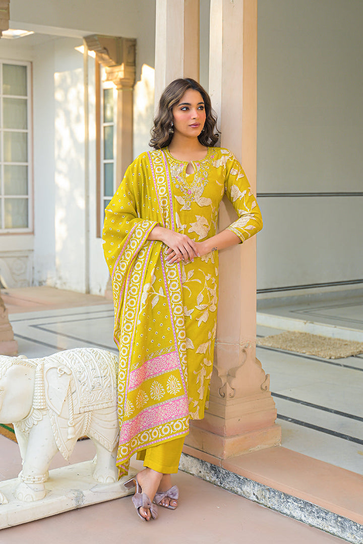 Yellow Viscose Rayon Floral Printed Straight Kurta Trousers With Dupatta | SHOBITAM