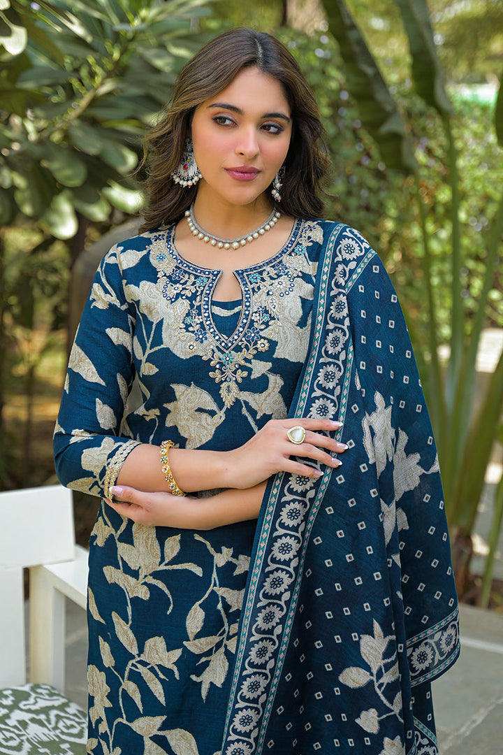 Navy Blue Viscose Rayon Floral Printed Straight Kurta Trousers With Dupatta | SHOBITAM