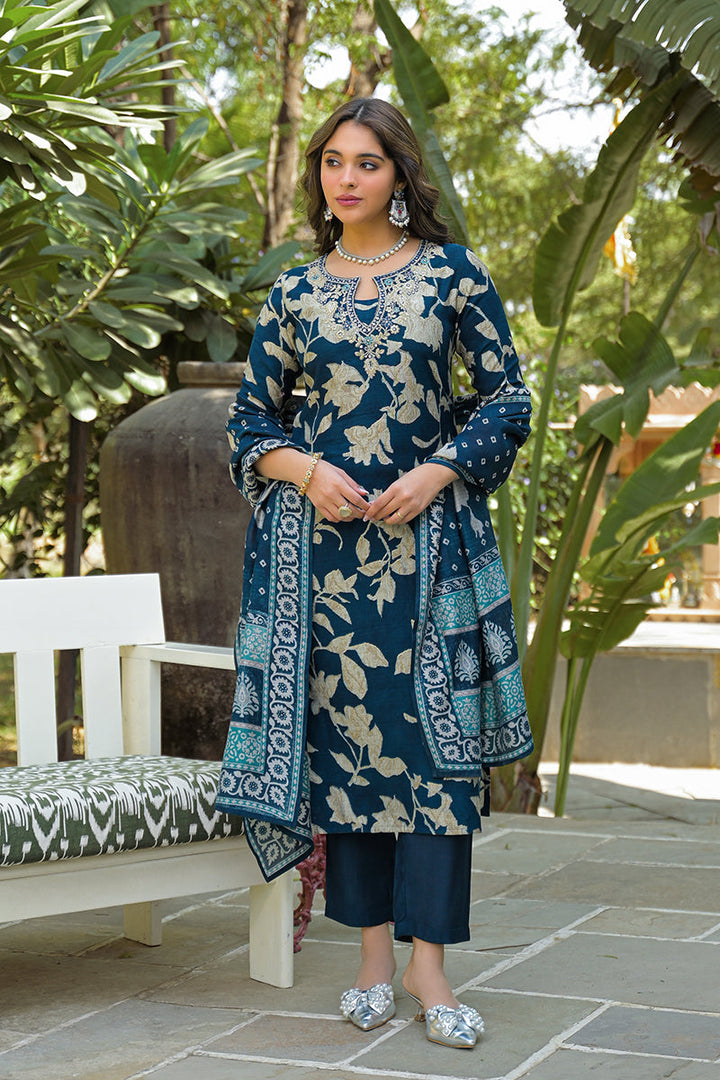 Navy Blue Viscose Rayon Floral Printed Straight Kurta Trousers With Dupatta | SHOBITAM
