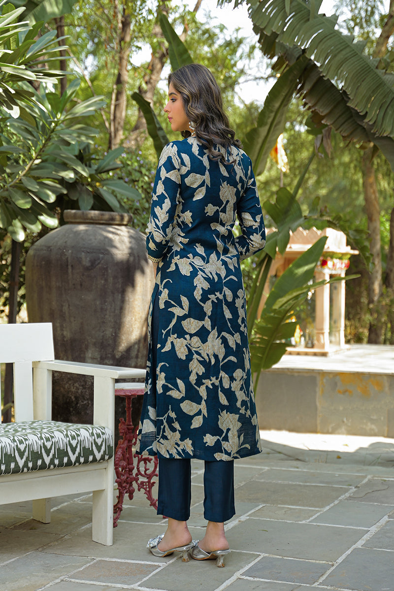 Navy Blue Viscose Rayon Floral Printed Straight Kurta Trousers With Dupatta | SHOBITAM
