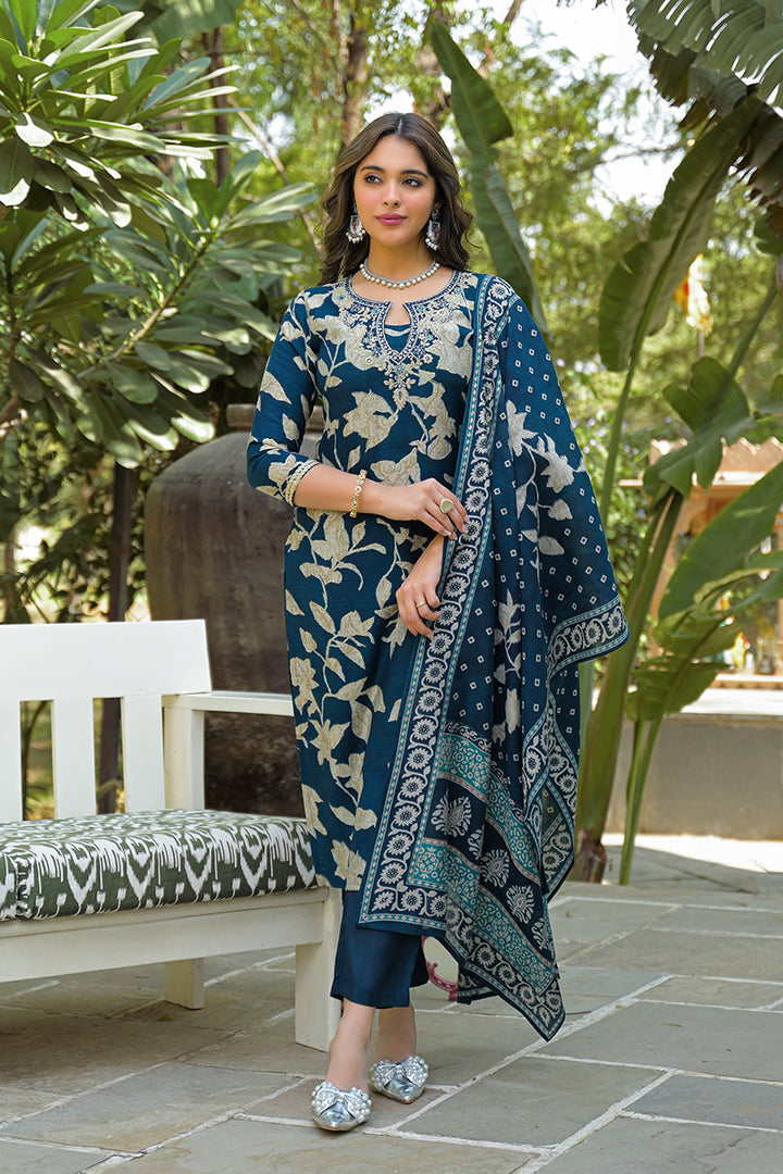 Navy Blue Viscose Rayon Floral Printed Straight Kurta Trousers With Dupatta | SHOBITAM