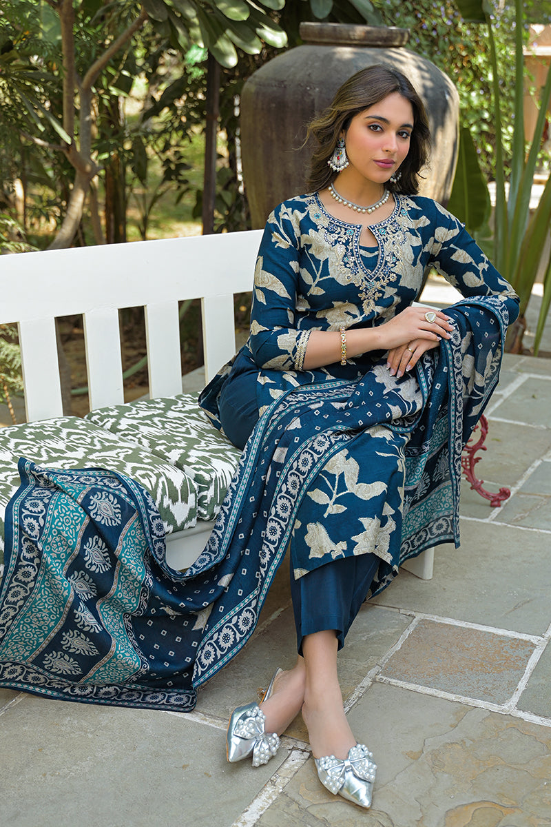 Navy Blue Viscose Rayon Floral Printed Straight Kurta Trousers With Dupatta | SHOBITAM