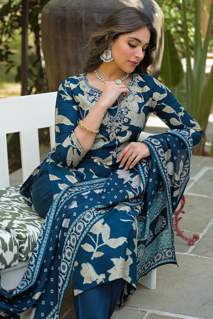 Navy Blue Viscose Rayon Floral Printed Straight Kurta Trousers With Dupatta | SHOBITAM