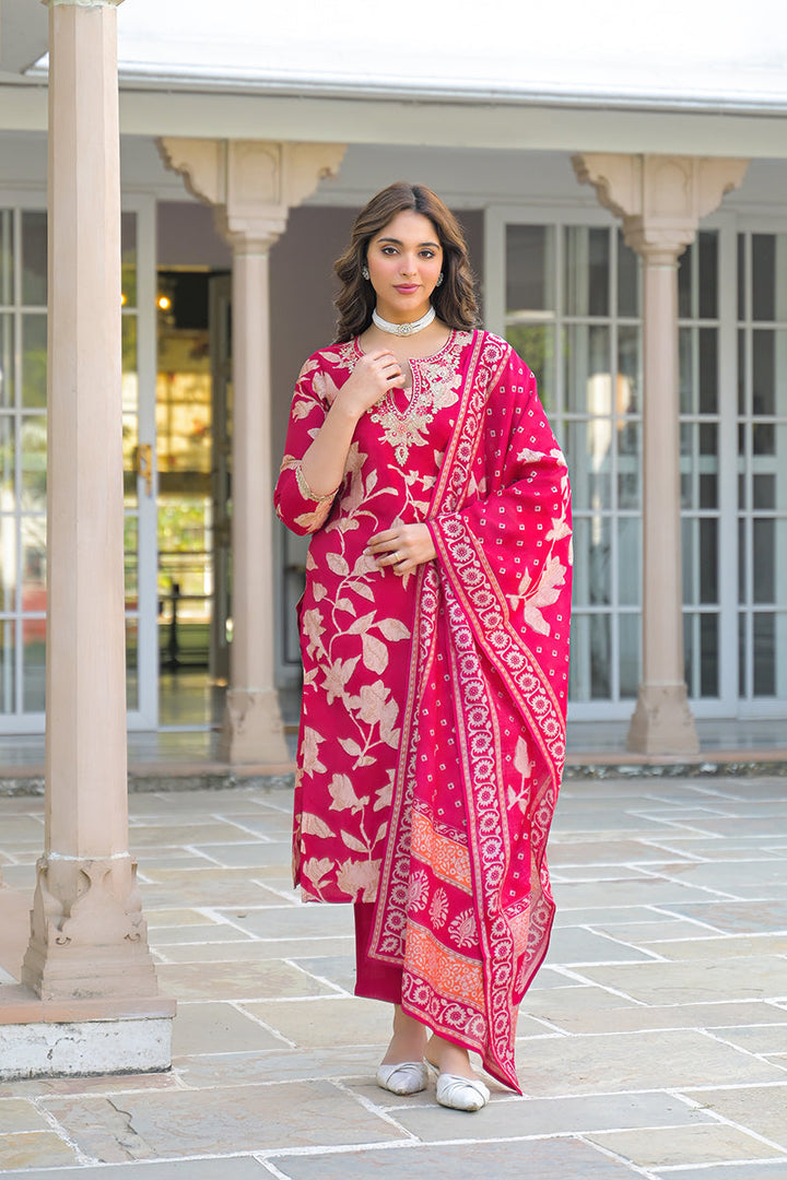Red Viscose Rayon Embroidered Straight Kurta Trousers With Dupatta | SHOBITAM
