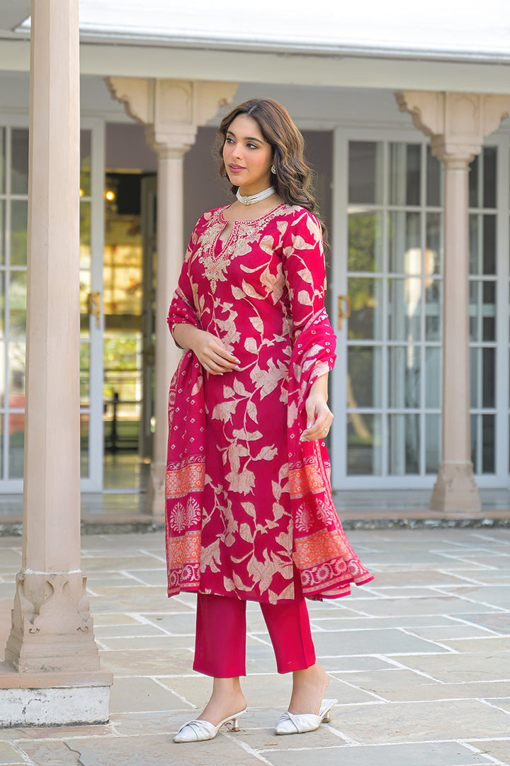 Red Viscose Rayon Embroidered Straight Kurta Trousers With Dupatta | SHOBITAM