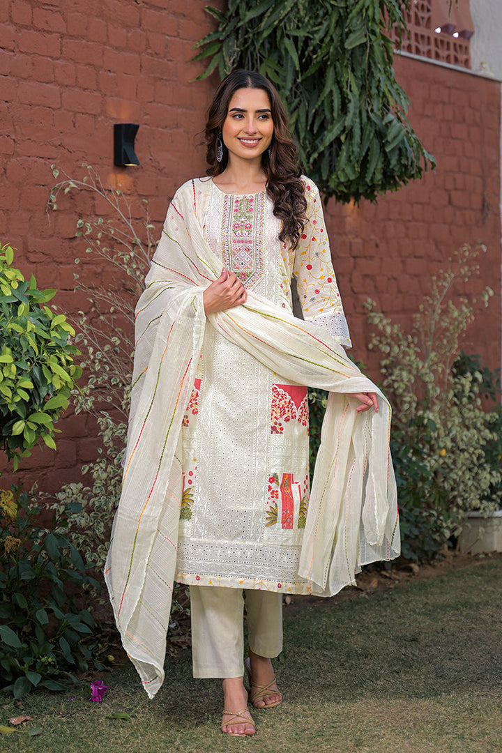 Cream Pure Cotton Ethnic Motifs Printed Straight Kurta Trousers With Dupatta | SHOBITAM