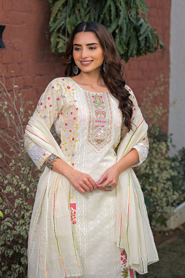 Cream Pure Cotton Ethnic Motifs Printed Straight Kurta Trousers With Dupatta | SHOBITAM