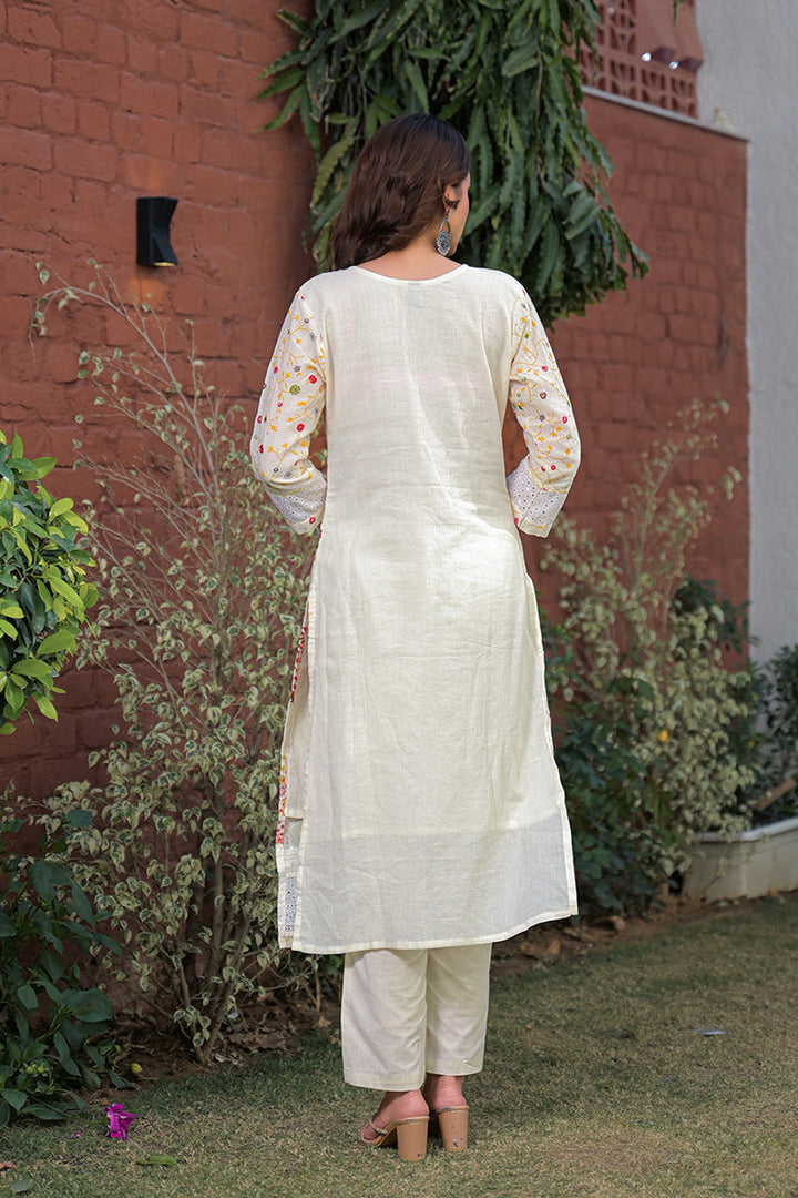 Cream Pure Cotton Ethnic Motifs Printed Straight Kurta Trousers With Dupatta | SHOBITAM