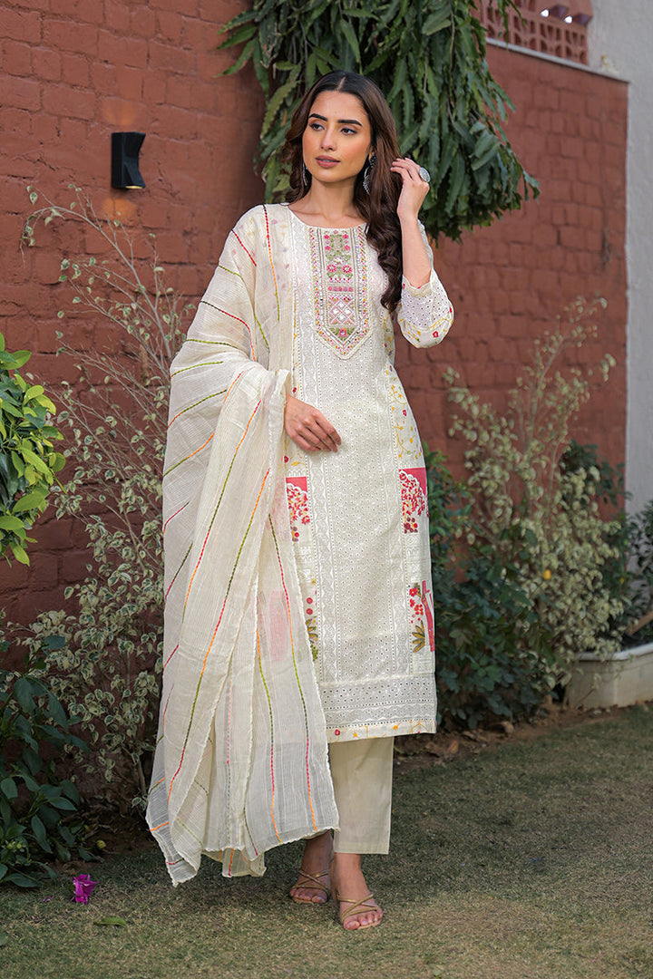 Cream Pure Cotton Ethnic Motifs Printed Straight Kurta Trousers With Dupatta | SHOBITAM