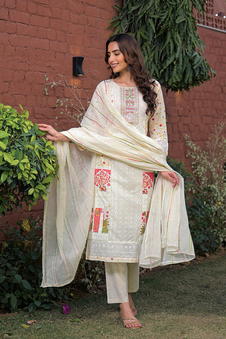 Cream Pure Cotton Ethnic Motifs Printed Straight Kurta Trousers With Dupatta | SHOBITAM