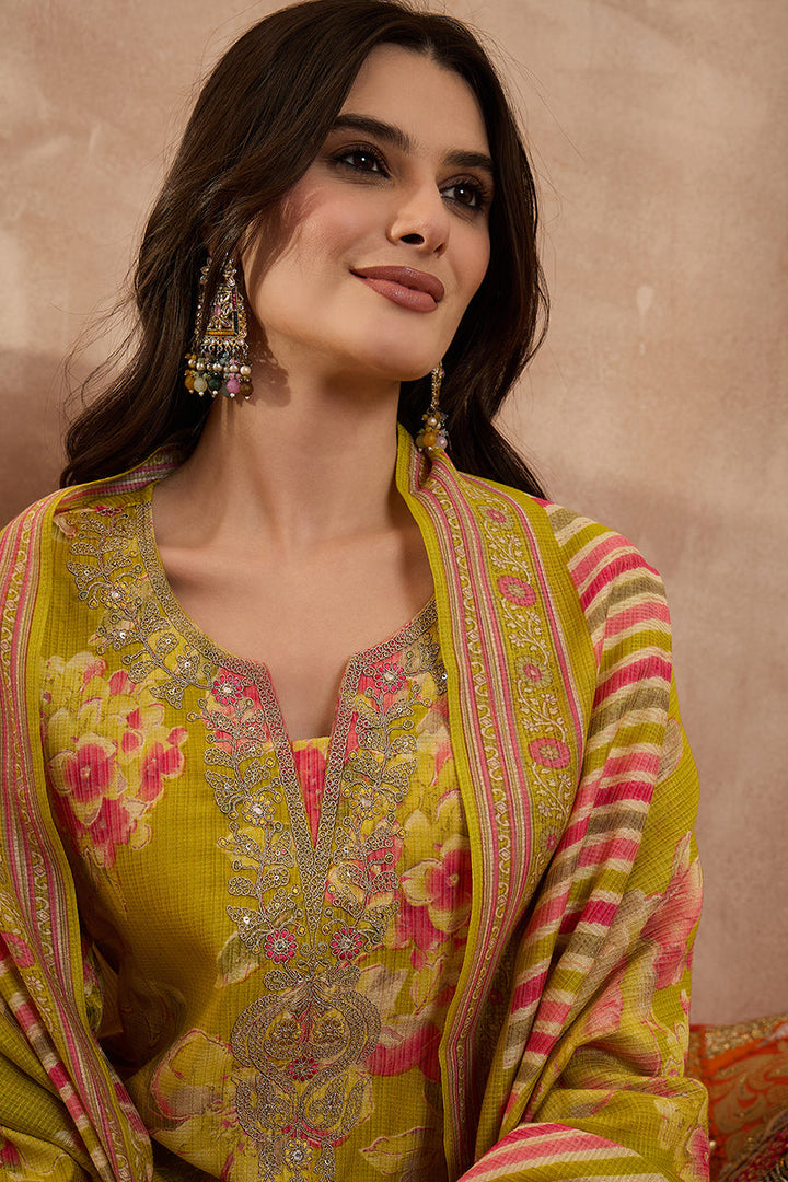 Yellow Polyester Floral Straight Kurta Trousers With Dupatta  | SHOBITAM