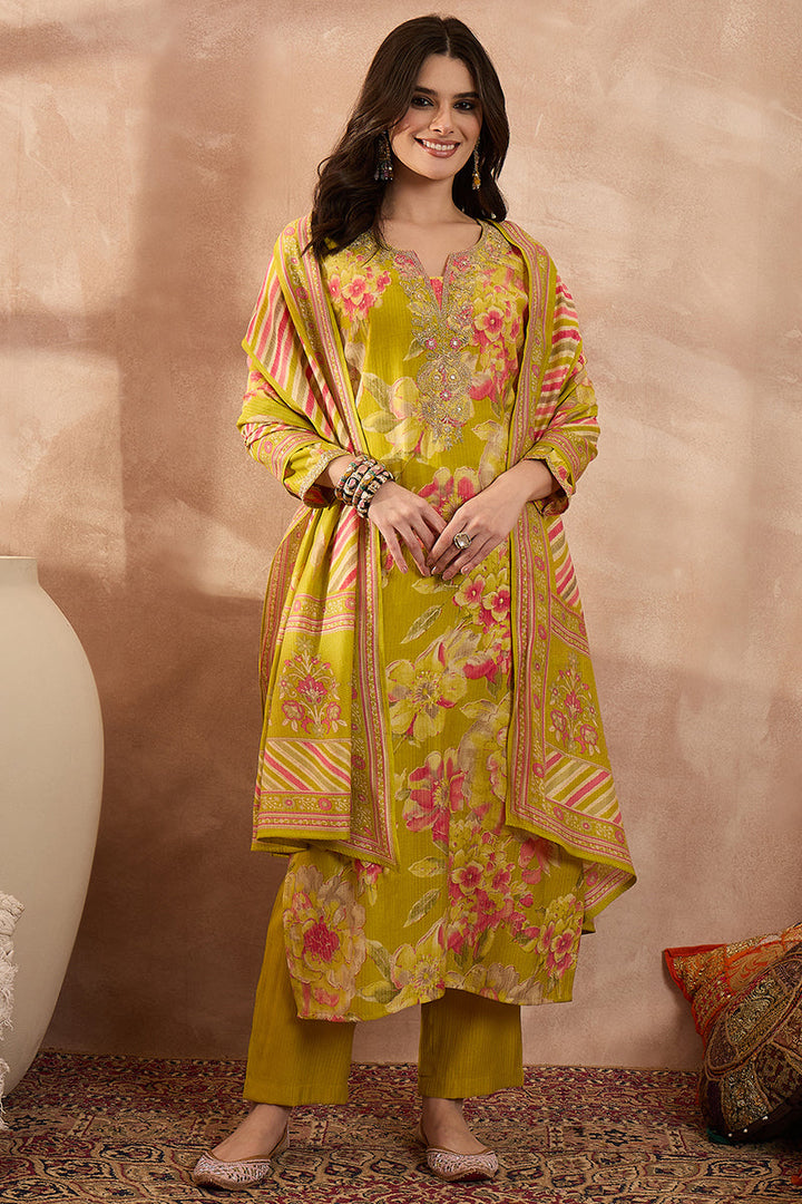 Yellow Polyester Floral Straight Kurta Trousers With Dupatta  | SHOBITAM