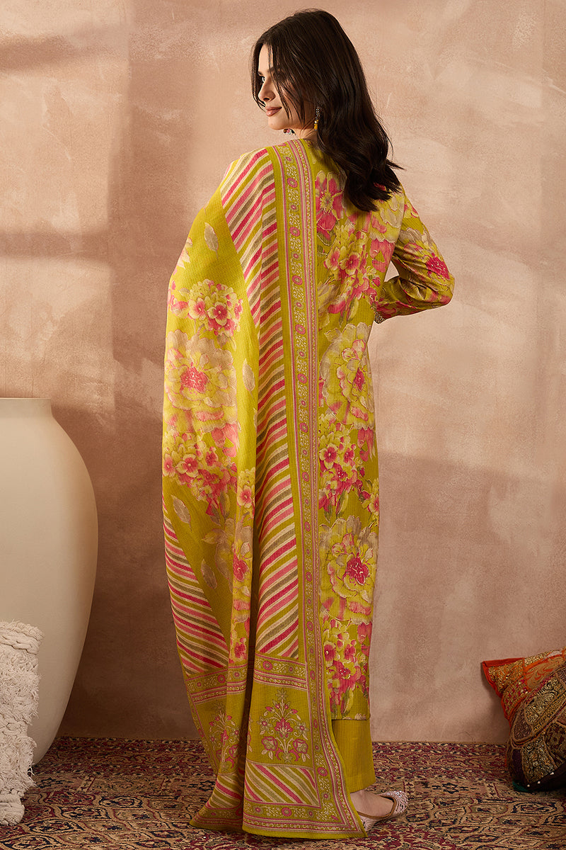Yellow Polyester Floral Straight Kurta Trousers With Dupatta  | SHOBITAM
