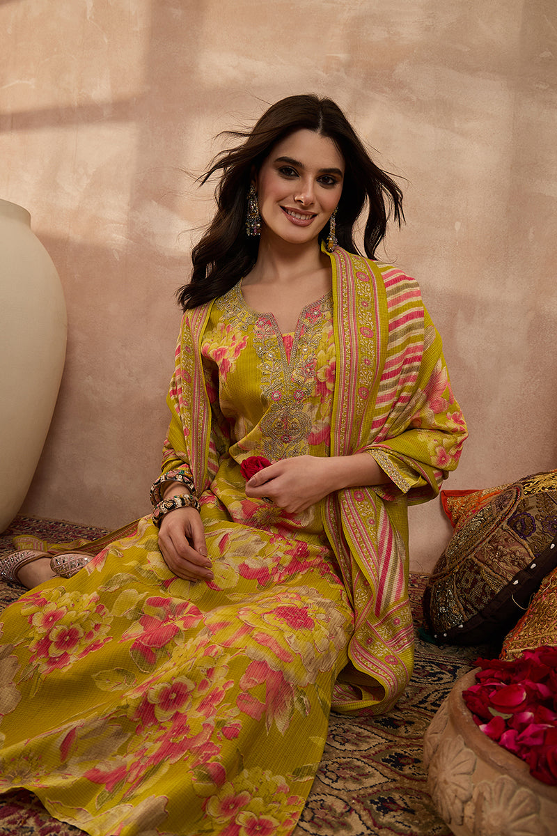 Yellow Polyester Floral Straight Kurta Trousers With Dupatta  | SHOBITAM