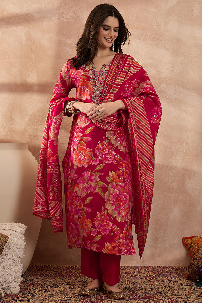 Pink Polyester Floral Printed Straight Kurta Trousers With Dupatta | SHOBITAM
