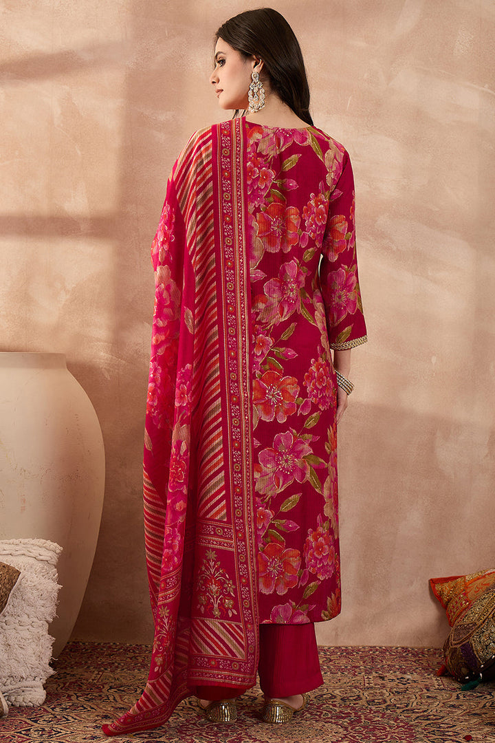 Pink Polyester Floral Printed Straight Kurta Trousers With Dupatta | SHOBITAM