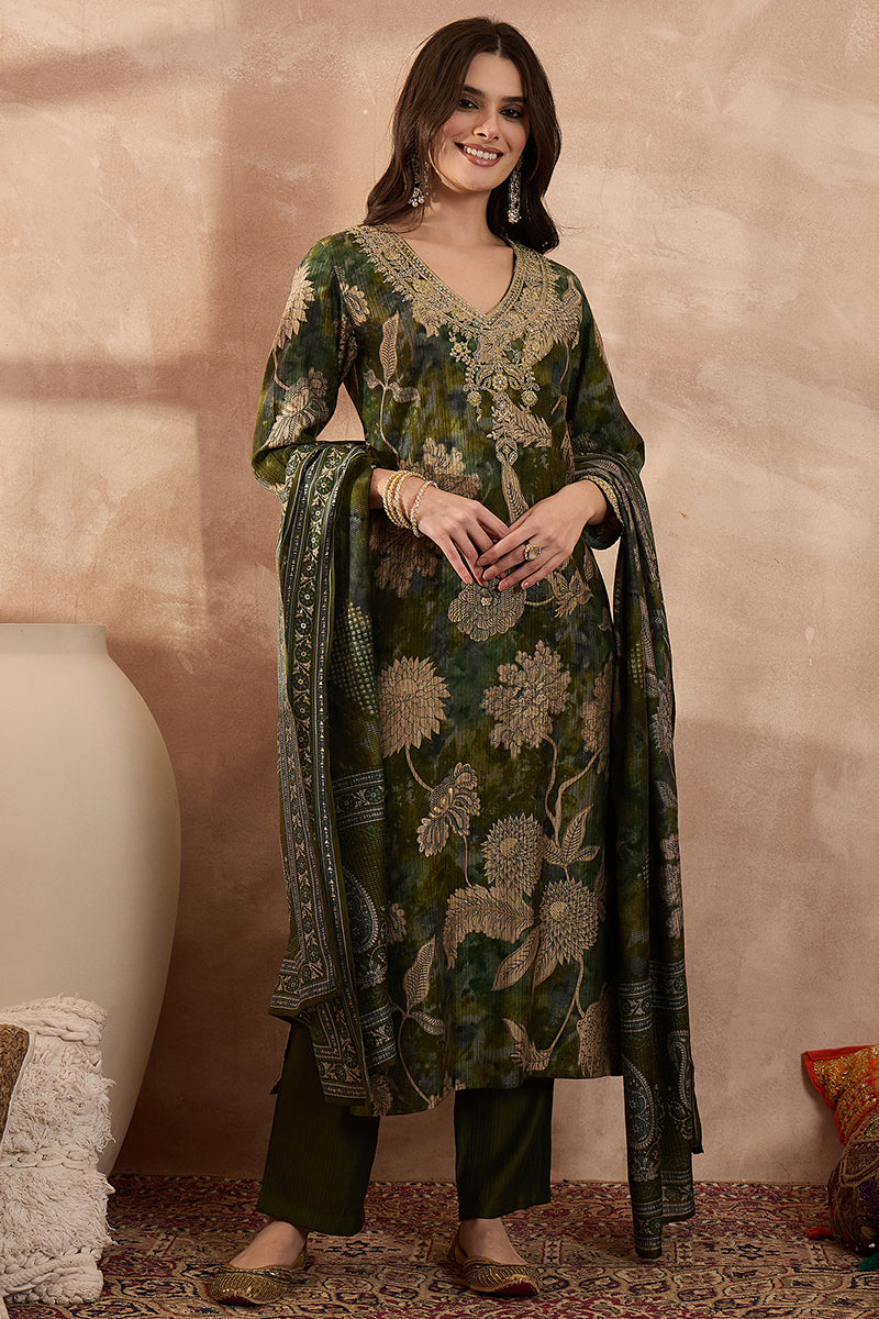 Green Polyester Floral Printed Straight Kurta Trousers With Dupatta | SHOBITAM