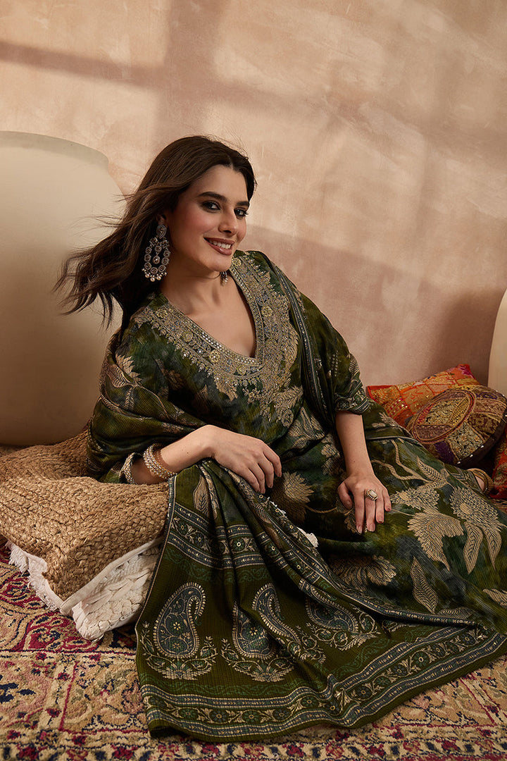 Green Polyester Floral Printed Straight Kurta Trousers With Dupatta | SHOBITAM