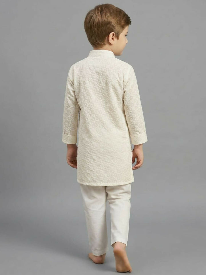 Boys Embroidered White Ethnic Wear Kurta Pajama Set | SHOBITAM
