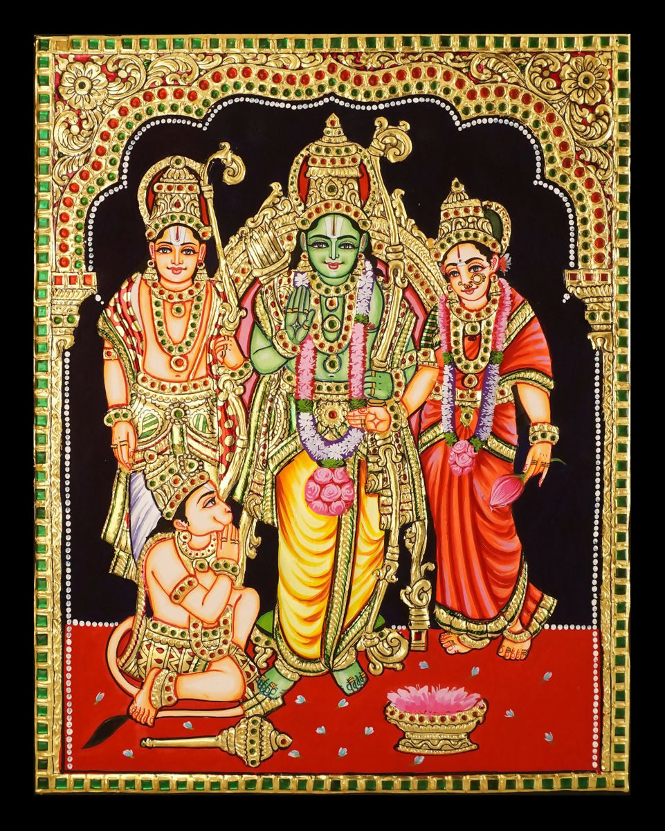 12*15" Authentic Tanjore painting of Kodanda Rama with 22 Ct Gold Foil, Unframed | SHOBITAM
