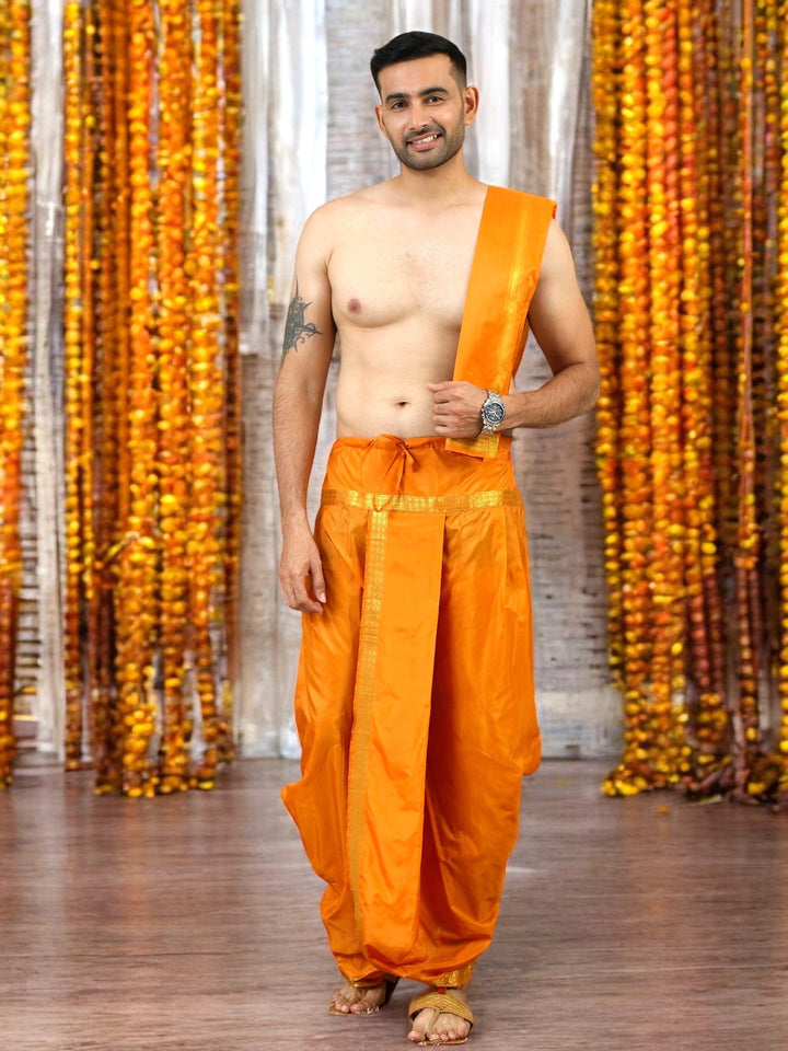 Orange Stitched Dhoti and Angavastram 2 piece set