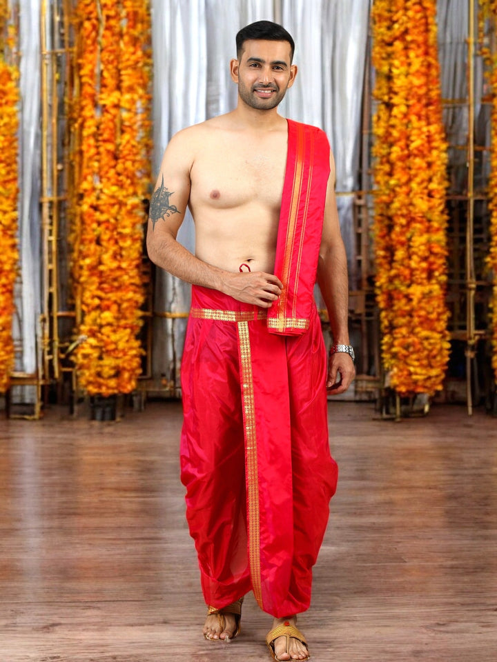 Pinkish Red Stitched Dhoti and Angavastram 2 piece set