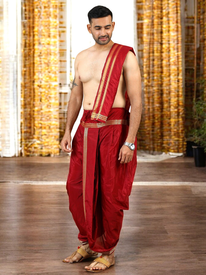 Maroon Stitched Dhoti and Angavastram 2 piece set | SHOBITAM