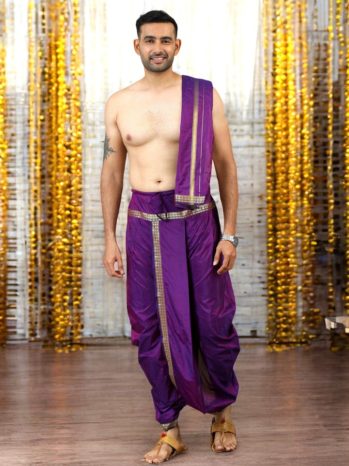 Purple Stitched Dhoti and Angavastram 2 piece set