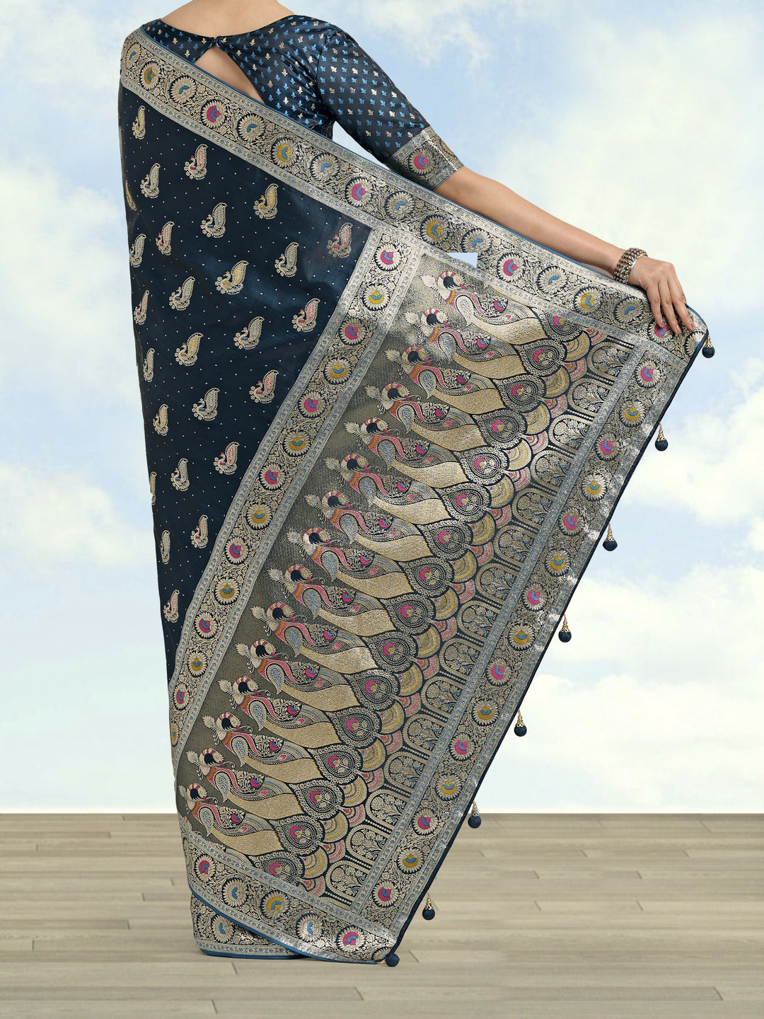 Teal Color Banarasi Satin Silk Zari Weaving Saree | SHOBITAM