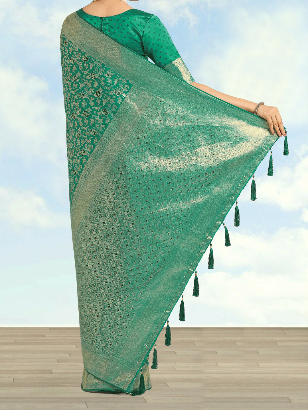 Turquoise Banarasi Satin Silk Meenakari zari weaving Saree | SHOBITAM
