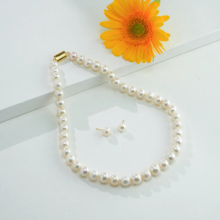 10.0-11.0mm White Round Freshwater Pearl Necklace Set - AAA Quality | SHOBITAM
