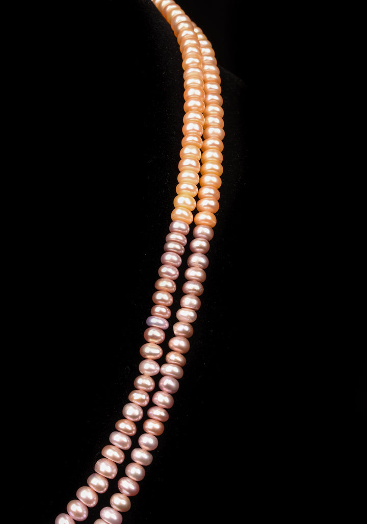Two Tone 2 strand Pink Peach Button Pearl Necklace Set